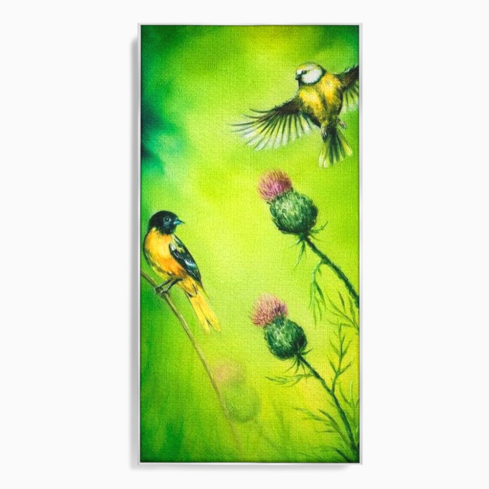 Tablou canvas cu tablou canvas cu pasari si ciulini, in rama de aluminiu argintiu